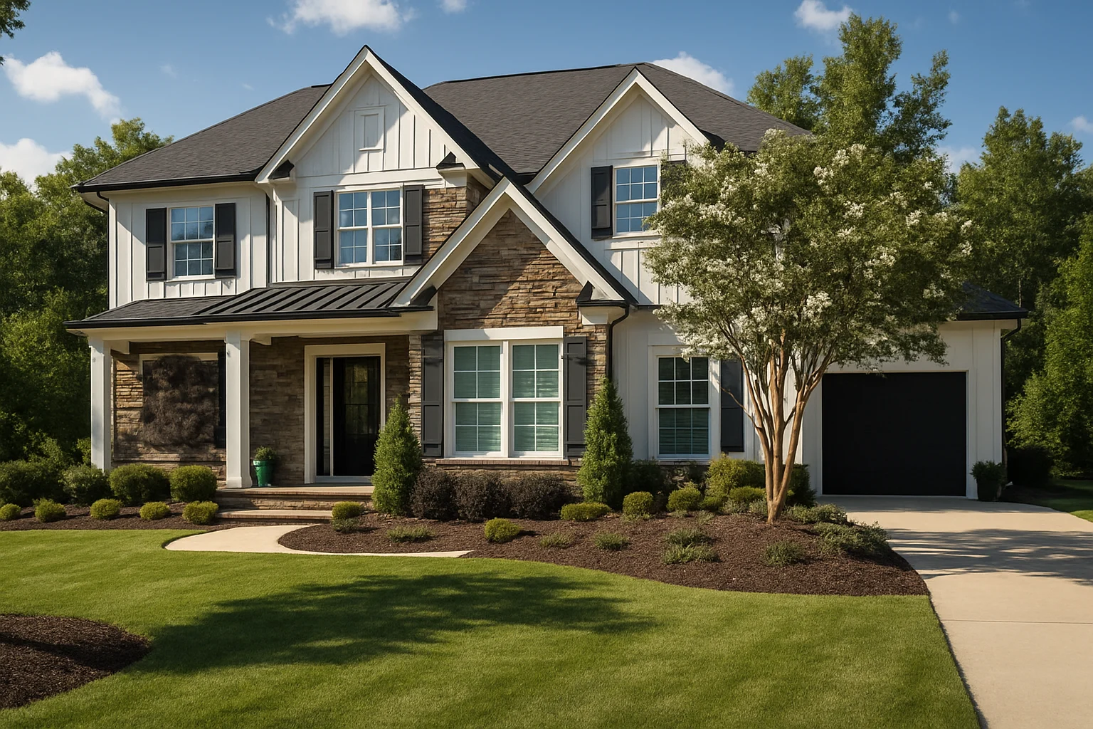 Front exterior view of a New American style two-story suburban home featuring board and batten siding, stone accents, gabled rooflines, and an attached garage