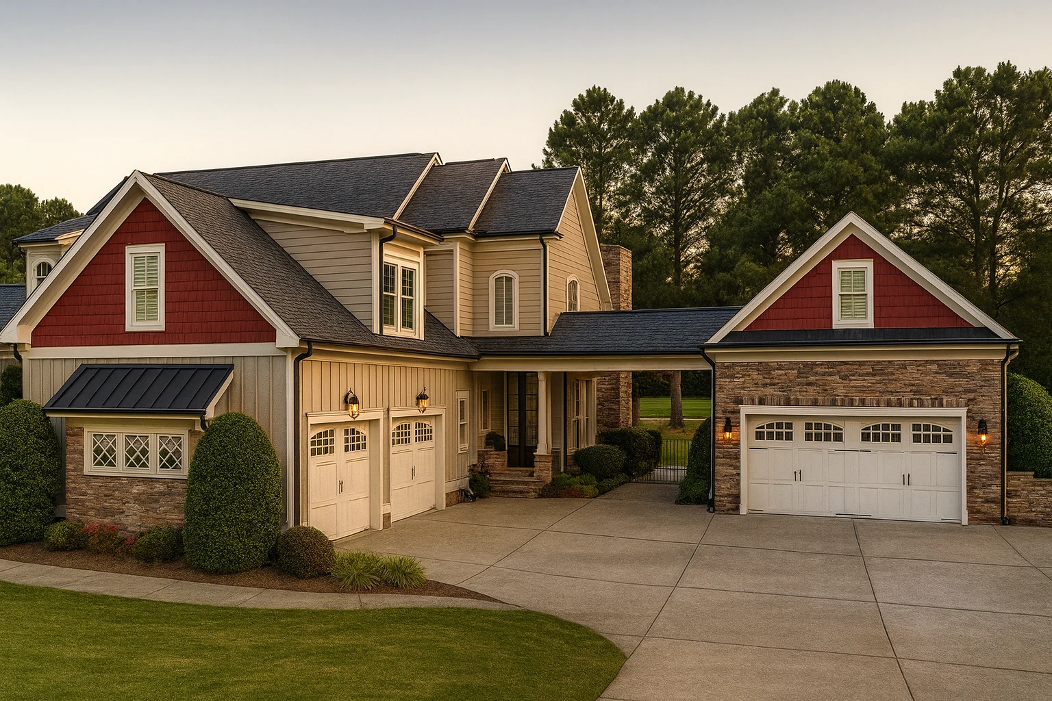 Front exterior view of a New American style luxury suburban home featuring brick and stone accents, board-and-batten siding, and multiple garages