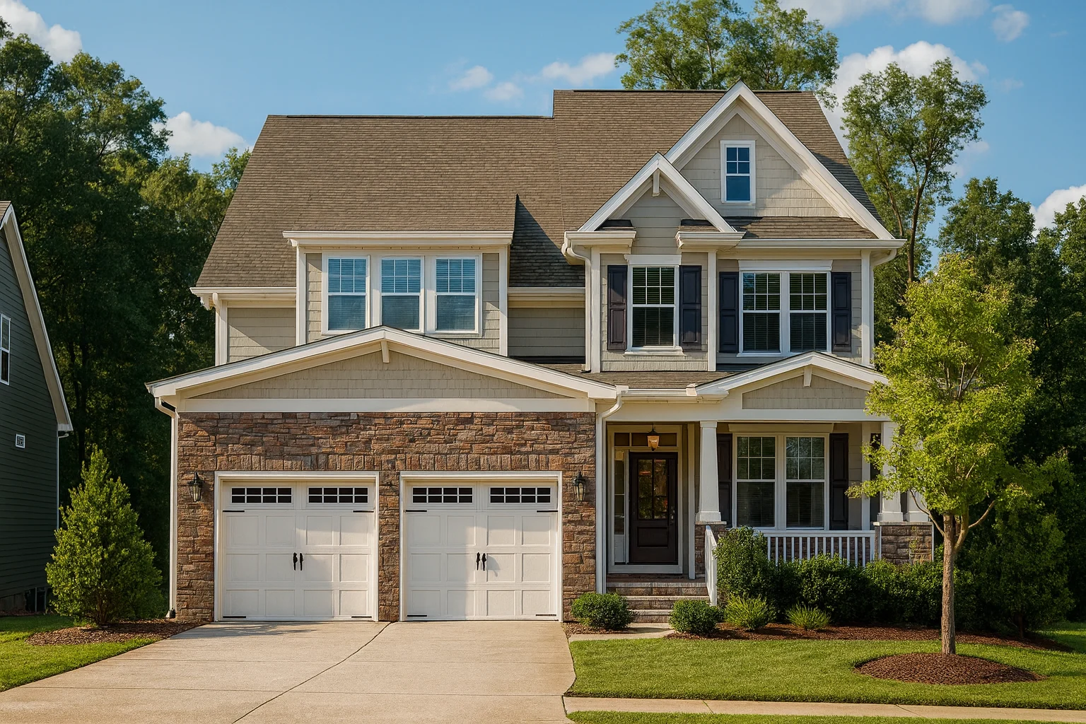 Front exterior view of a New American Modern Traditional home with Craftsman details, stone-accented garage, horizontal siding, gabled rooflines, and covered front porch