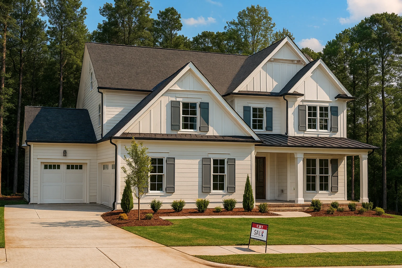 Front elevation of a New American modern traditional home with horizontal siding, board and batten accents, black shutters, and covered front porch