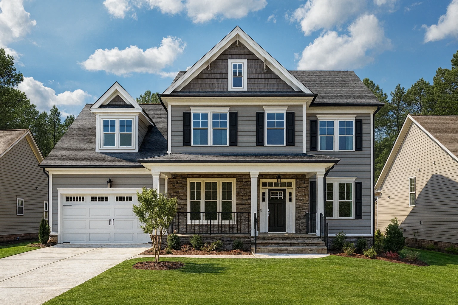 Front exterior view of a New American Modern Traditional house with horizontal siding, stone porch columns, symmetrical windows, and covered entry