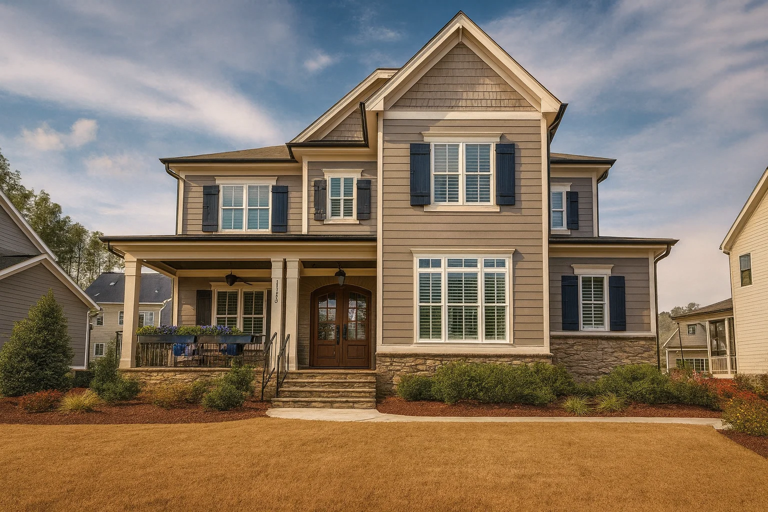 Front exterior of a New American modern traditional house featuring horizontal siding, shingle gables, black shutters, and a welcoming covered porch