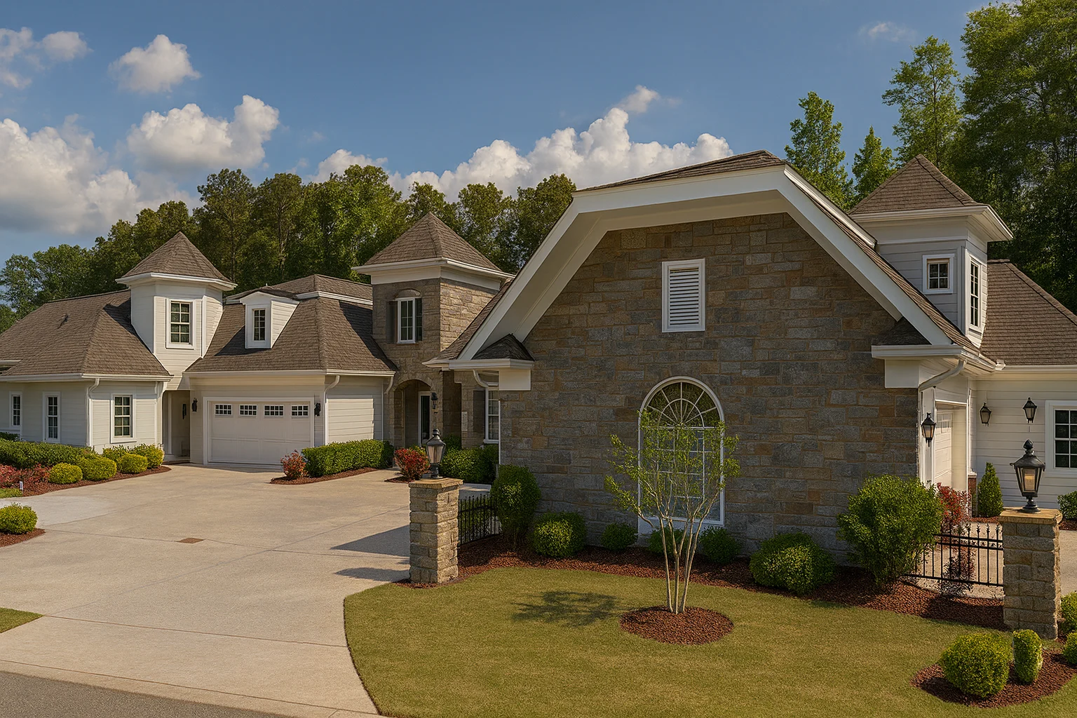 Front exterior view of a New American Modern Traditional home featuring stone veneer, horizontal siding, gabled rooflines, and a side-entry garage