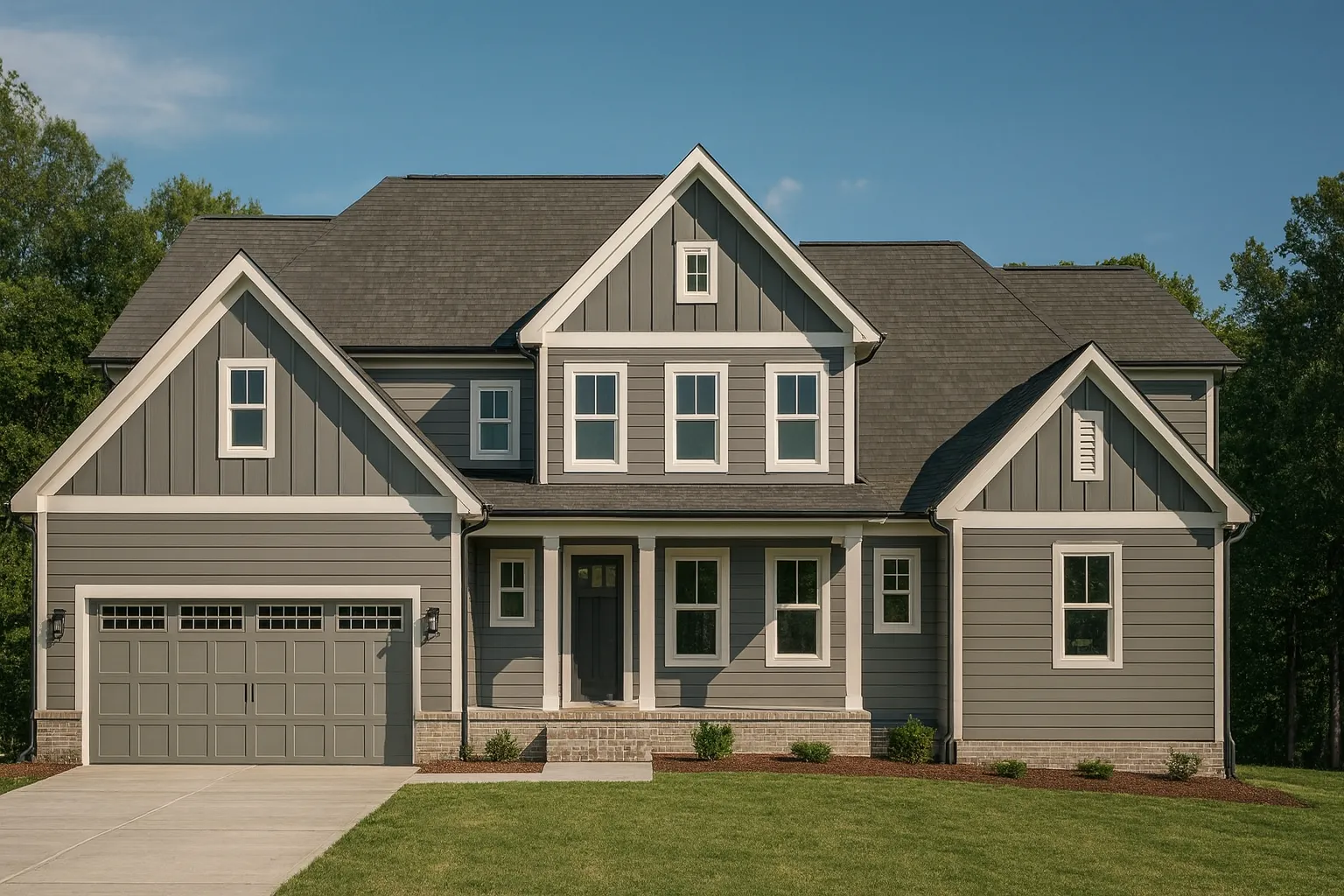Front elevation of a Traditional Colonial style home featuring horizontal and shingle siding with stone accents and a welcoming covered porch