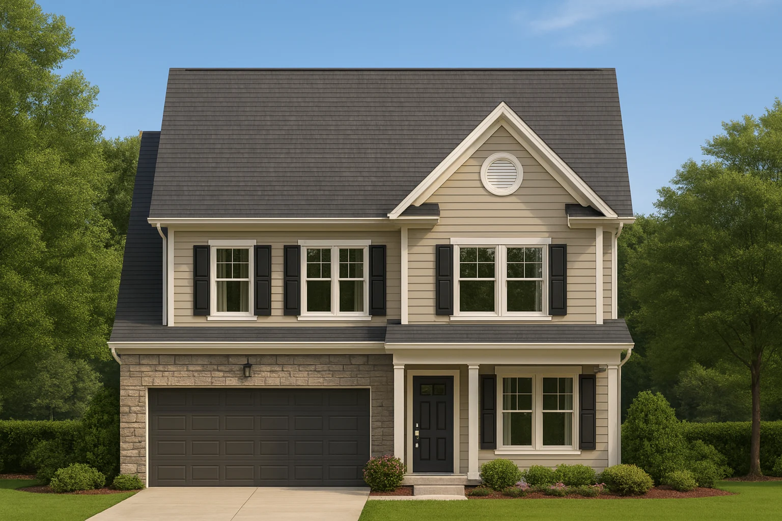 Front view of a two-story Traditional Colonial home with stone veneer, horizontal siding, black shutters, and a covered front entry