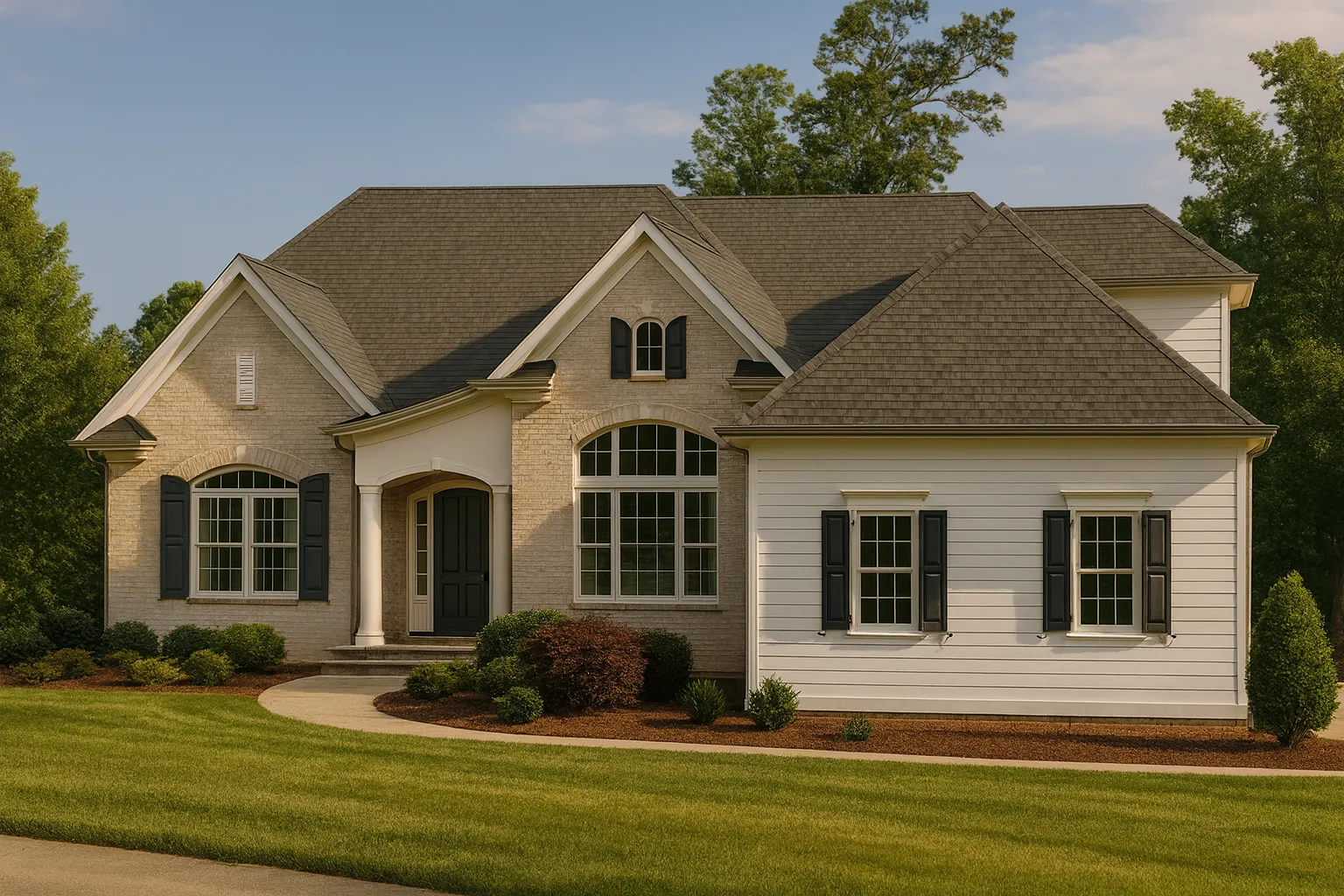 Front elevation of a Traditional New American style house featuring brick and horizontal siding, shuttered windows, and a welcoming covered entry