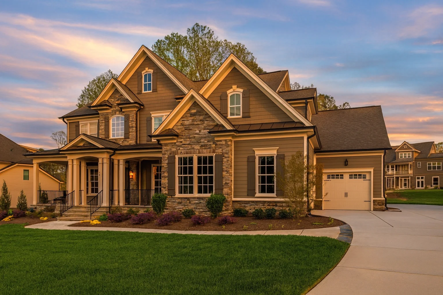 Front exterior view of a Traditional New American style home featuring brick and stone masonry, multi-gabled rooflines, covered porch, and side-entry garage