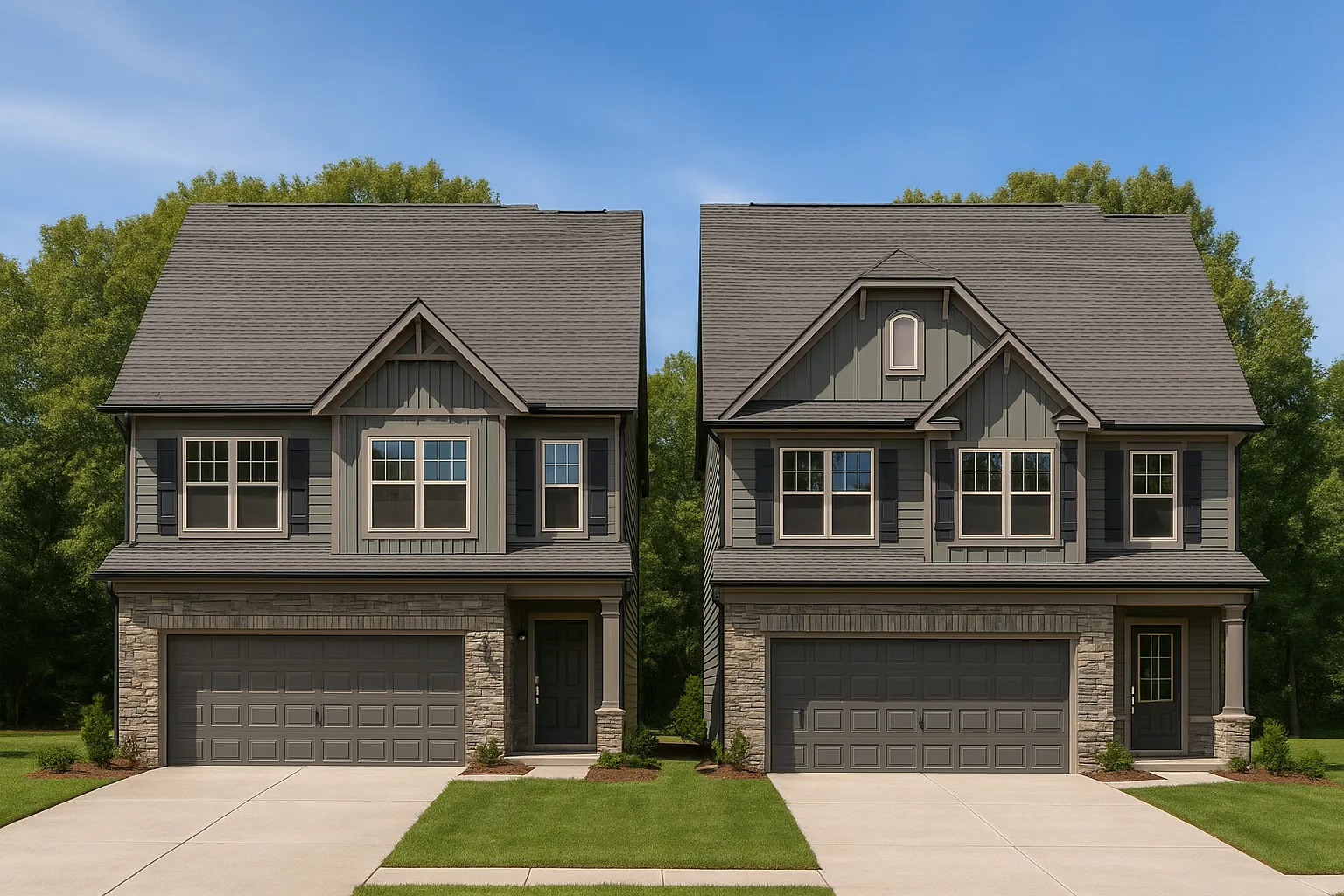 Front elevation of a Traditional New American style two-story home featuring gray siding, board and batten accents, stone veneer base, and dark shutters for balanced curb appeal.