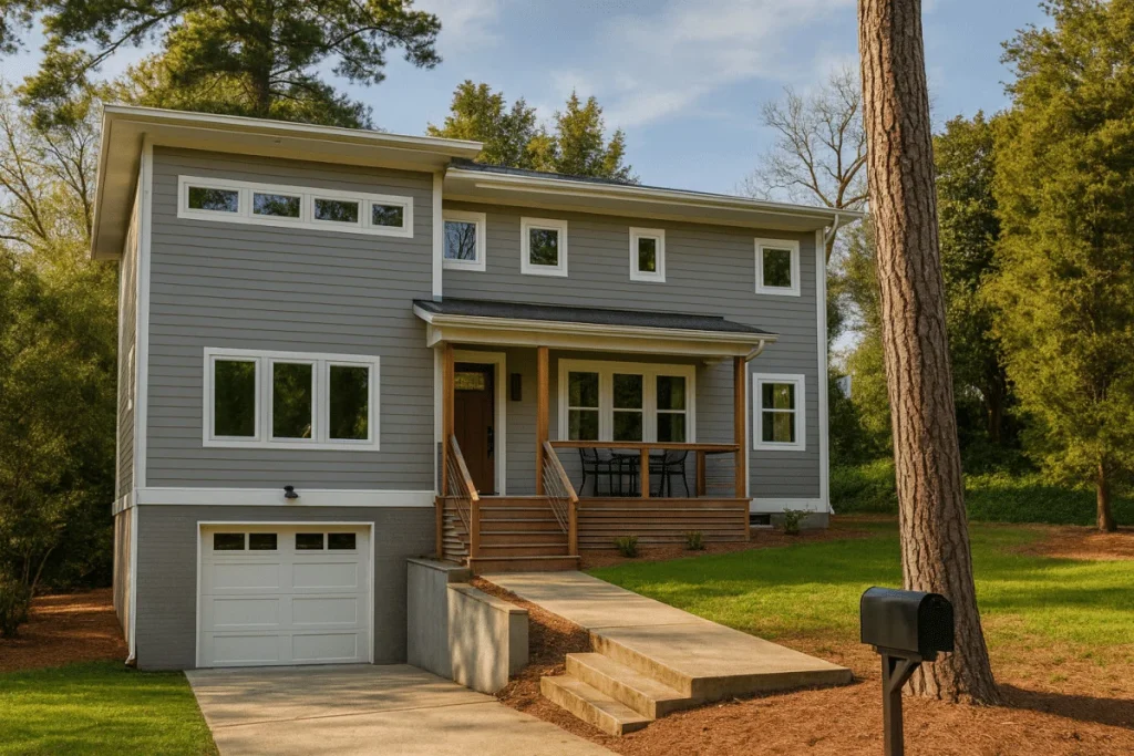 Front view of a Modern Contemporary home featuring clean lines, horizontal lap siding, and a welcoming covered porch entry