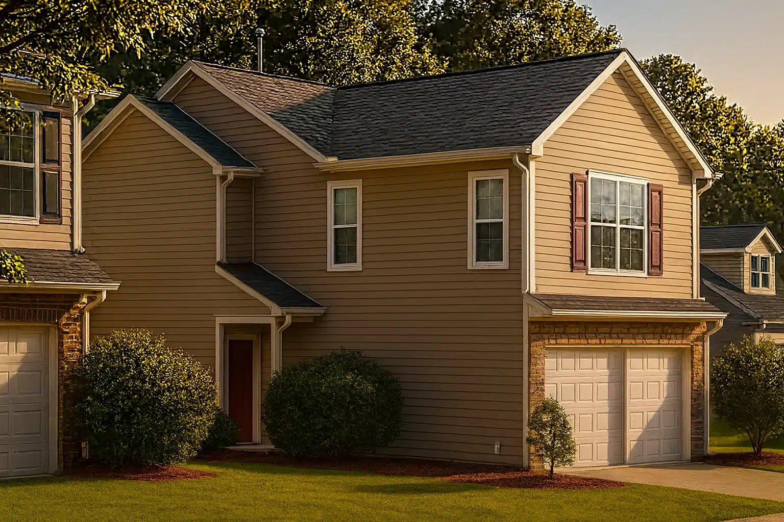 Front view of a Traditional Suburban two-story house featuring horizontal siding, double garage, and simple clean architectural lines.