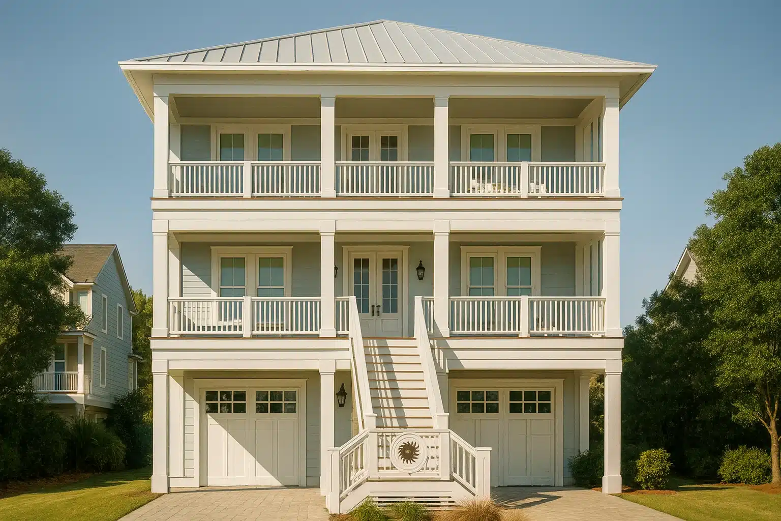 3-story coastal house plan with 3,312 heated sq. ft., dual Owner suites