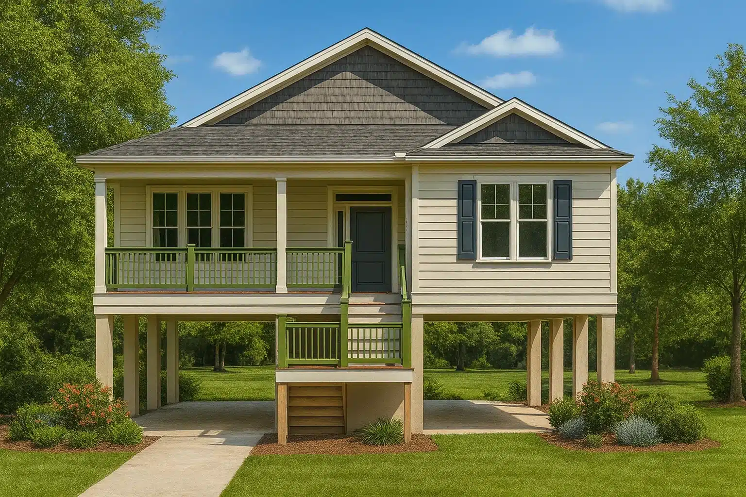 Beach House Plan with Coastal Charm & 1.5 Story Open Layout