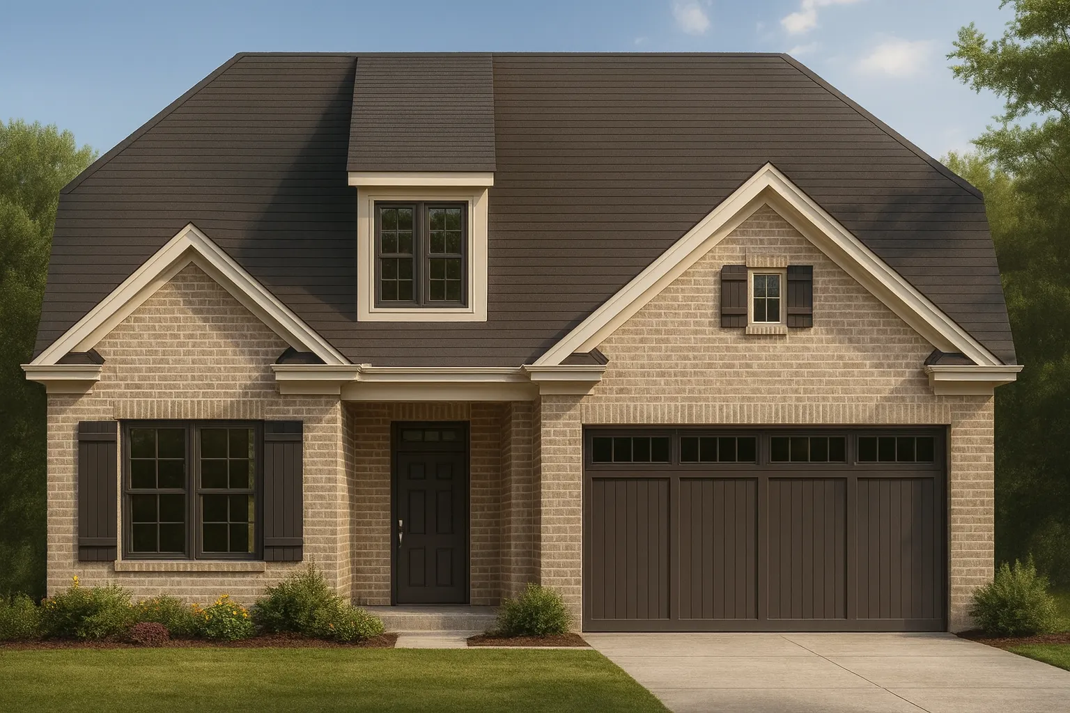 13-1400 HICKORY HOUSE PLAN - Traditional Home Plan - 3-Bed, 2.5-Bath, 2,150 SF 1 Front elevation of a Traditional Tudor Revival style home with brick exterior, steep gable rooflines, and symmetrical façade.