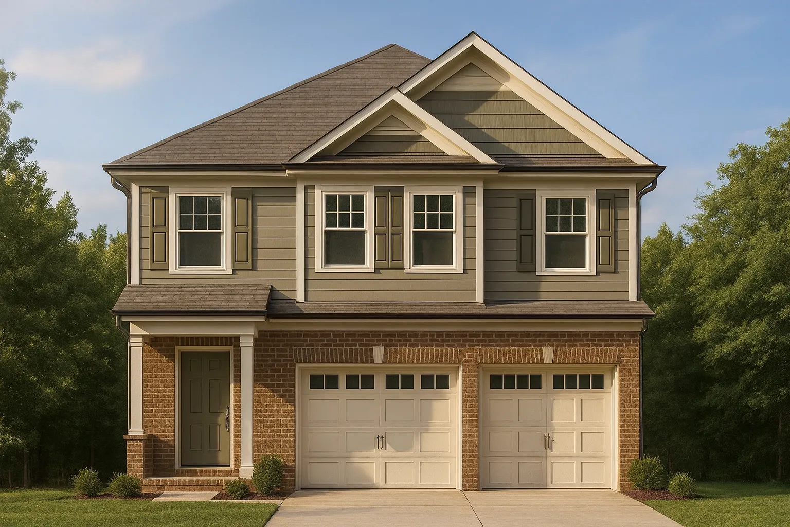 Front elevation of a Traditional Colonial style home featuring a brick first floor, lap siding upper level, and double garage with symmetrical design.