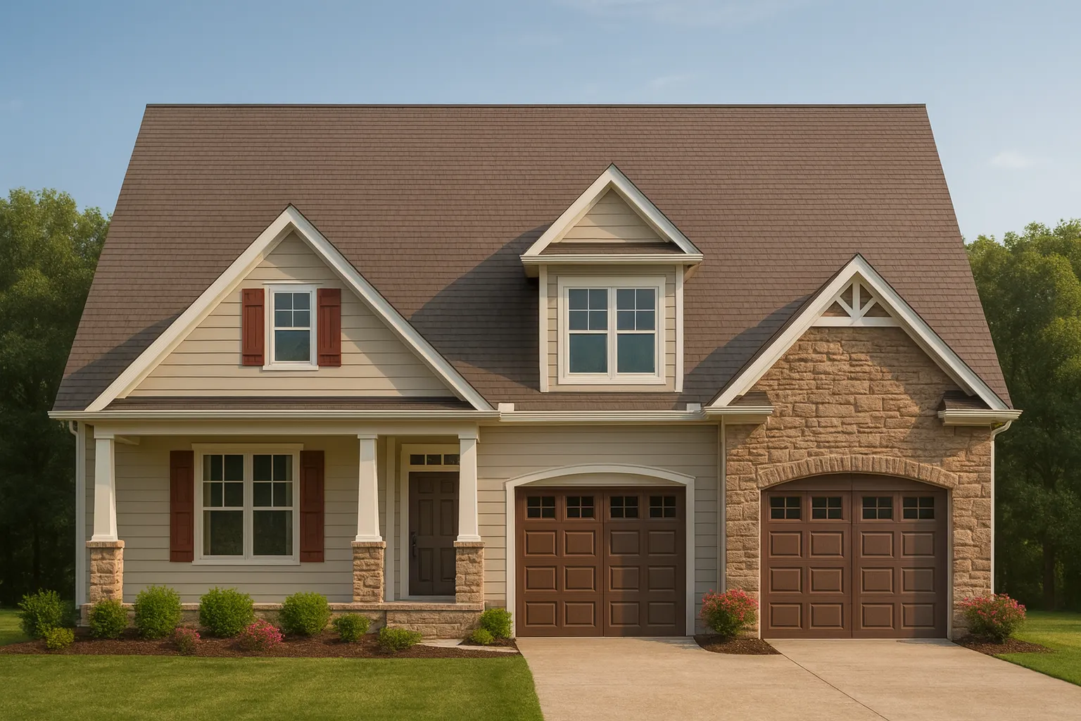 Front elevation of a Traditional Craftsman Farmhouse featuring horizontal siding, board and batten gables, and stone accents with twin garage doors