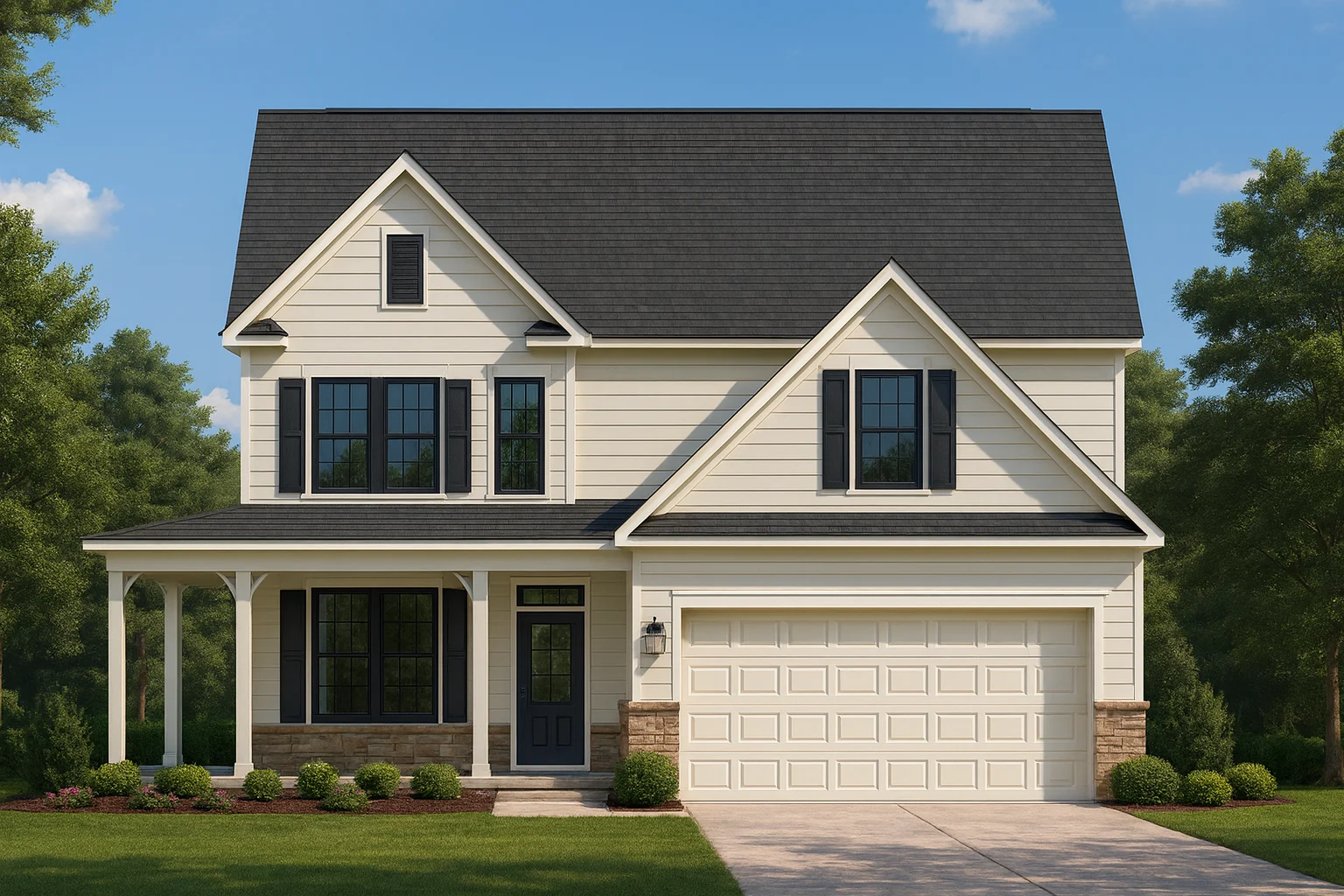 Modern Farmhouse home with white board-and-batten siding, black windows, and front porch