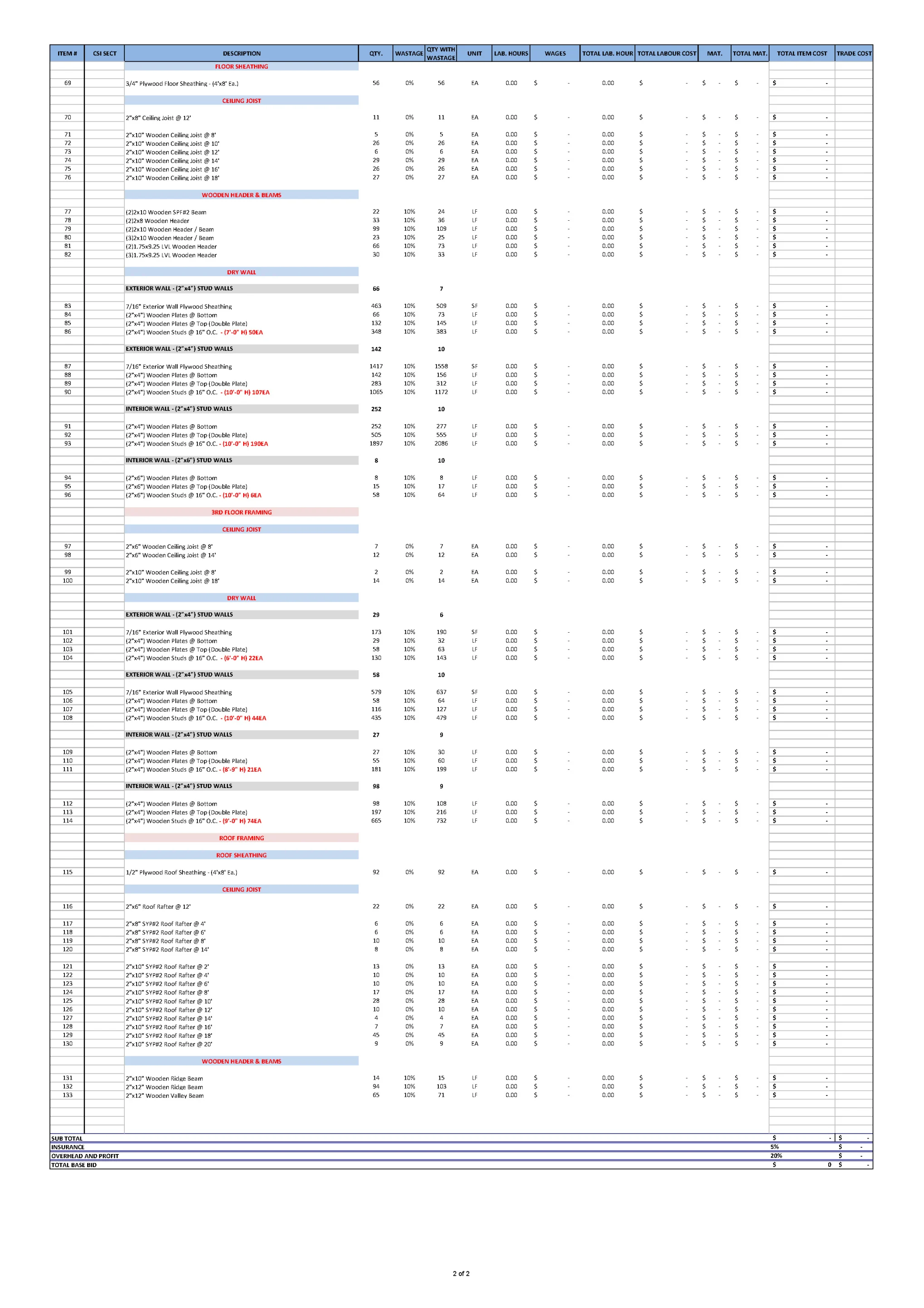 Takeoff/Material list for My Home Floor Plans. Myhomefloorplans.com