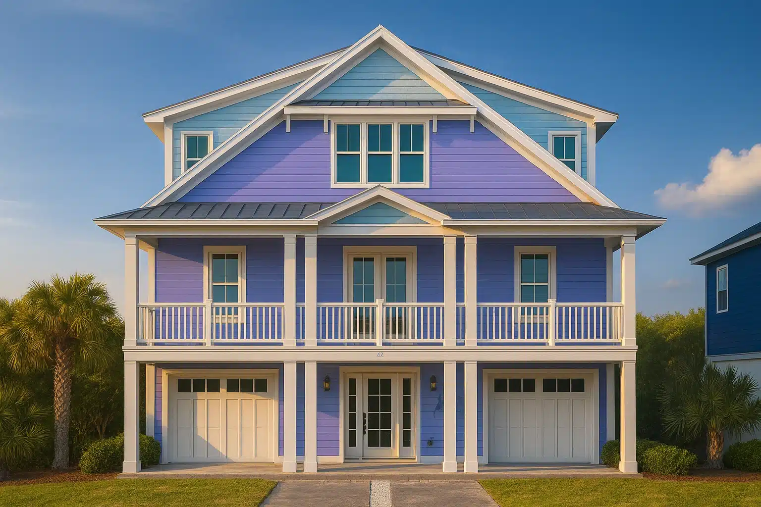 Front elevation of a coastal beach house featuring elevated construction, covered porches, horizontal siding, and symmetrical coastal architecture