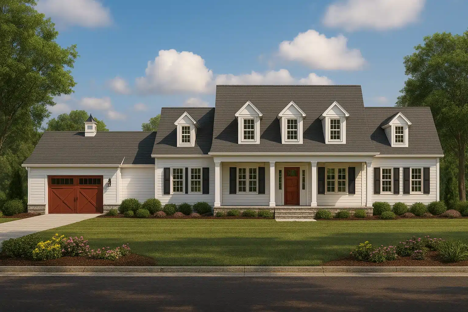 Front elevation of a Colonial Cape Cod style home featuring symmetrical windows, dormer rooflines, lap siding exterior, and a welcoming covered front porch
