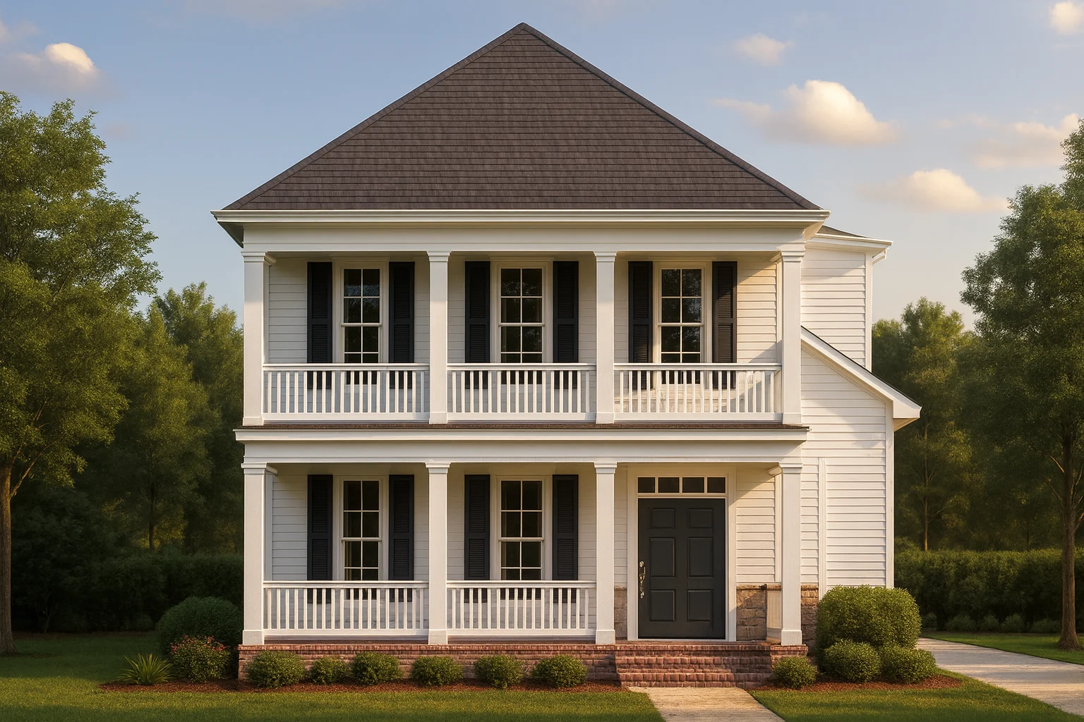Two-story Colonial Southern-style house plan with double front porches and symmetrical façade