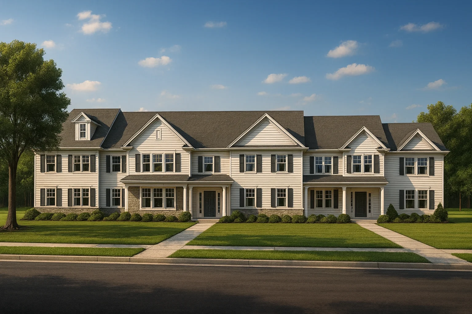 Front view of Colonial Traditional style multi-unit townhome featuring symmetrical façade, horizontal lap siding, and gabled dormers under a dark roofline