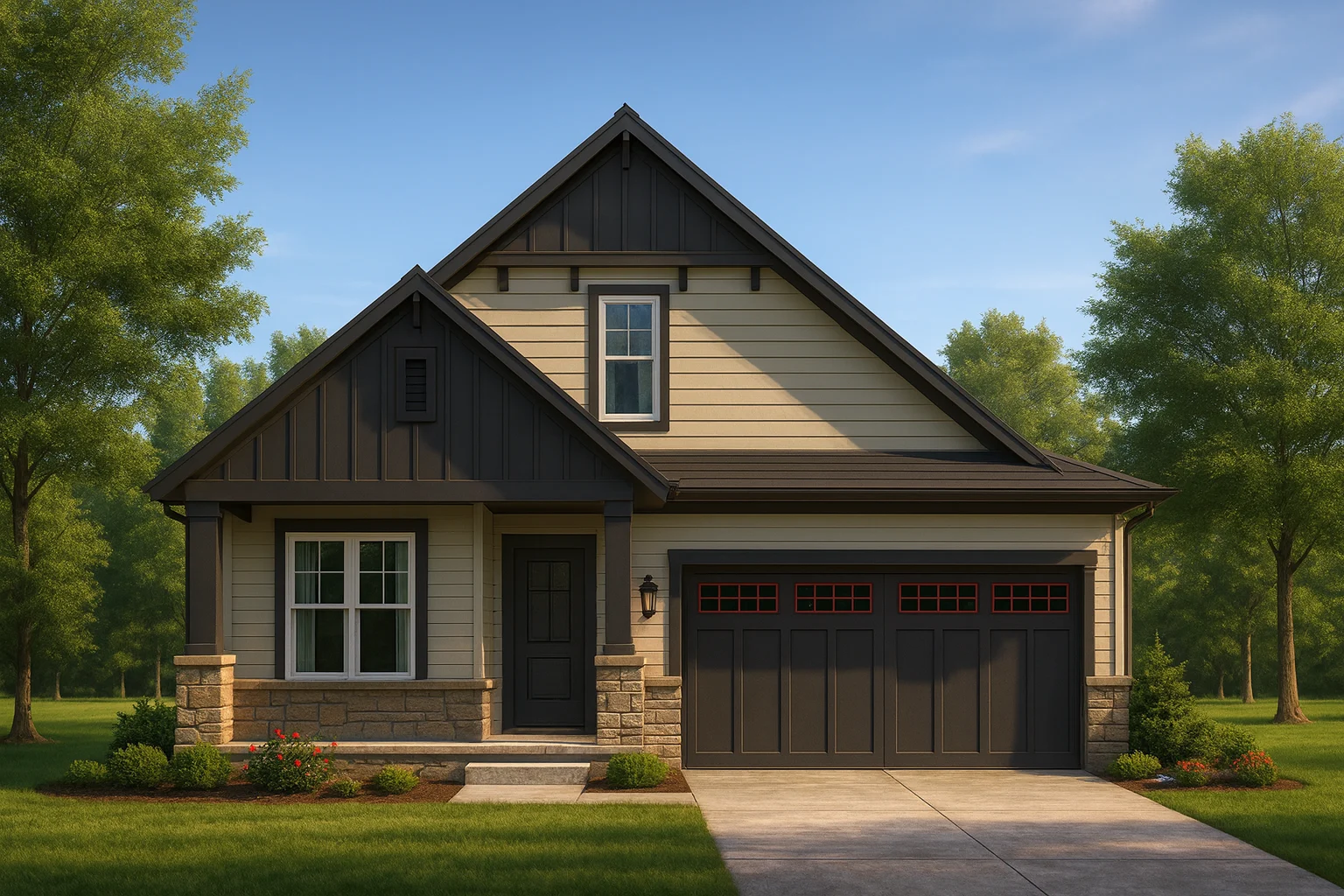 Craftsman house plan featuring board and batten siding, gable rooflines, and stone accents.