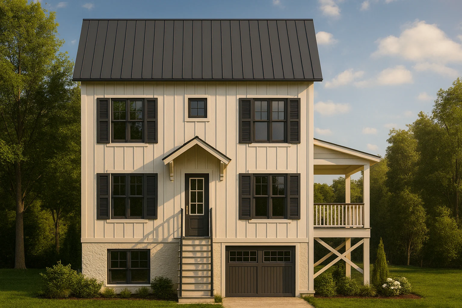 Front elevation of a Modern Coastal Farmhouse featuring board and batten siding, black metal roof, and raised front entry with garage below