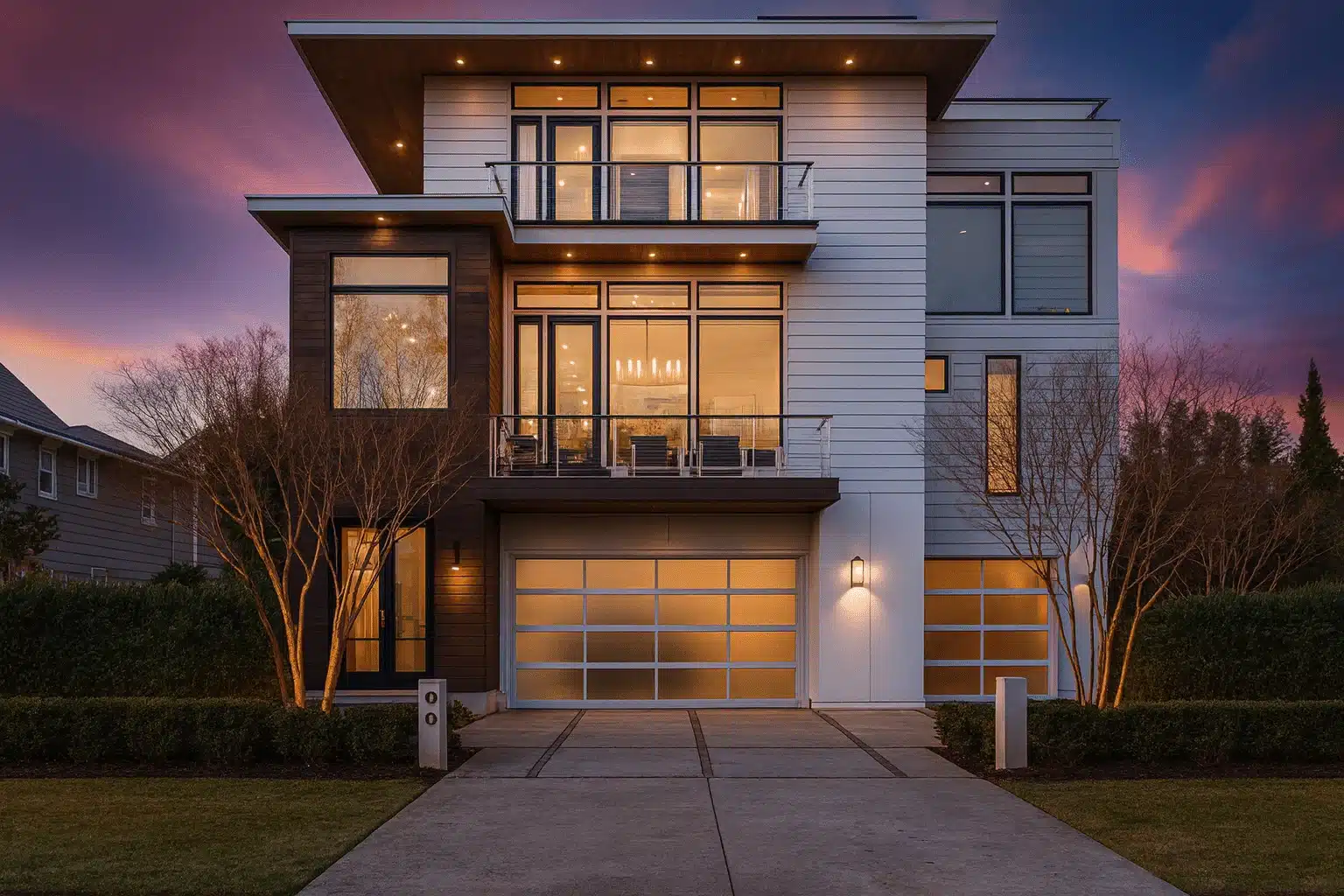 Front exterior view of a modern contemporary home with stucco and horizontal siding, glass balcony railings, flat rooflines, and warm interior lighting