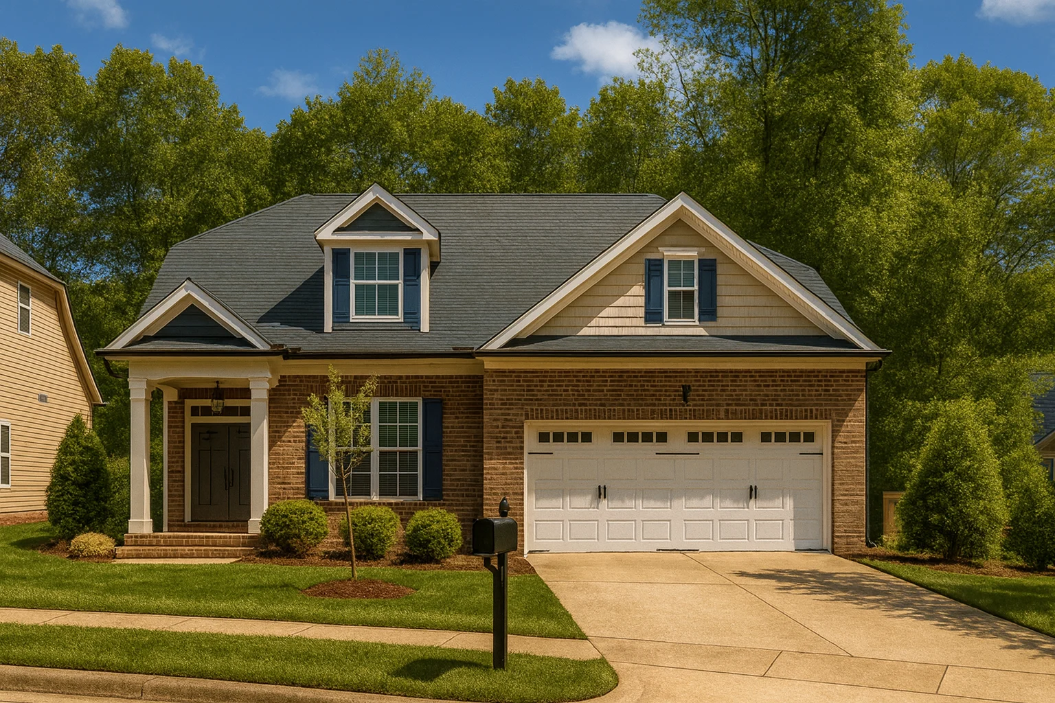 Charming modern Craftsman home with red brick, gray siding, and lush landscaping.