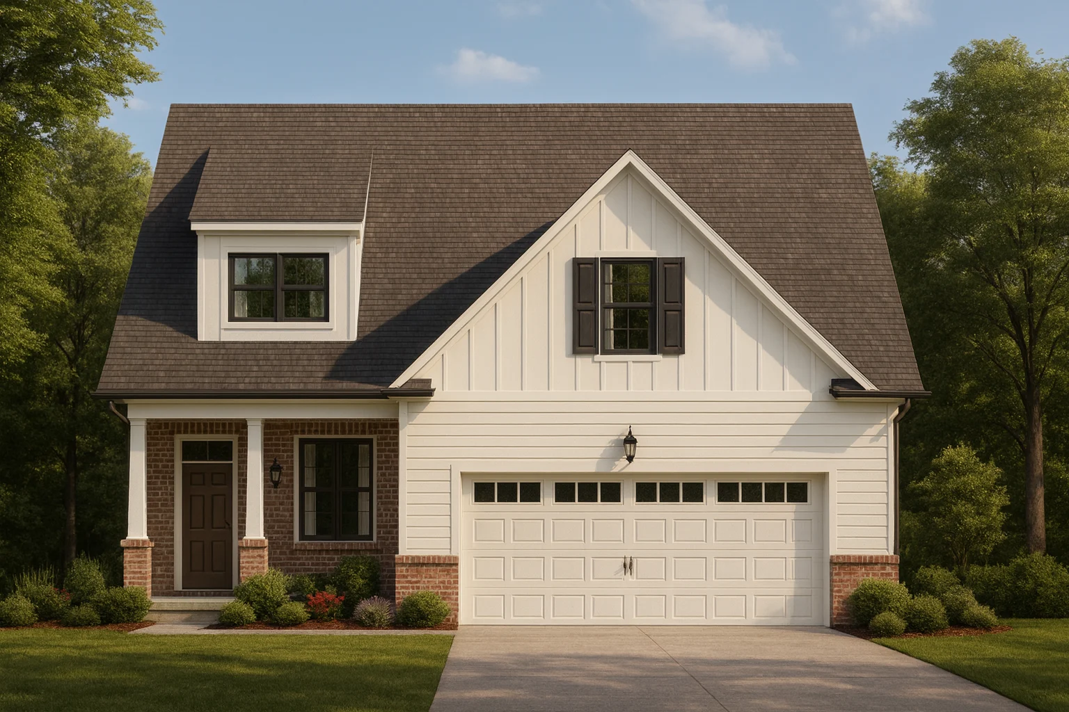 Front view of a Modern Farmhouse featuring board and batten siding, brick accents, and a welcoming gabled roofline with dormer window