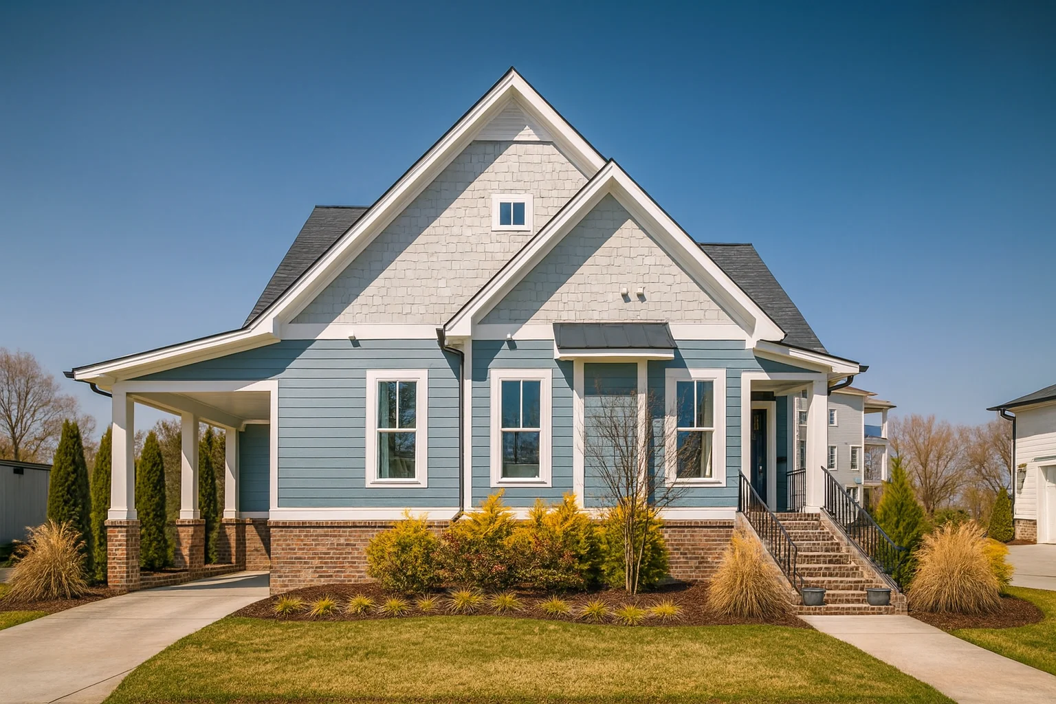 Front view of a Modern Farmhouse with Craftsman details featuring blue horizontal siding, board and batten gables, brick foundation, and a welcoming covered porch entry