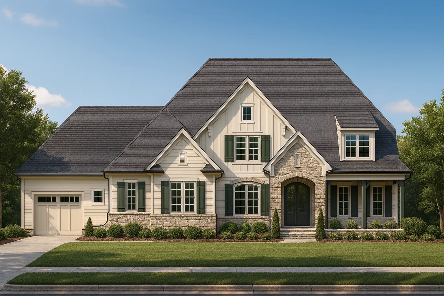 Front view of a Modern Farmhouse home with stone accents, board-and-batten siding, green shutters, and centered arched entry at 4pm lighting