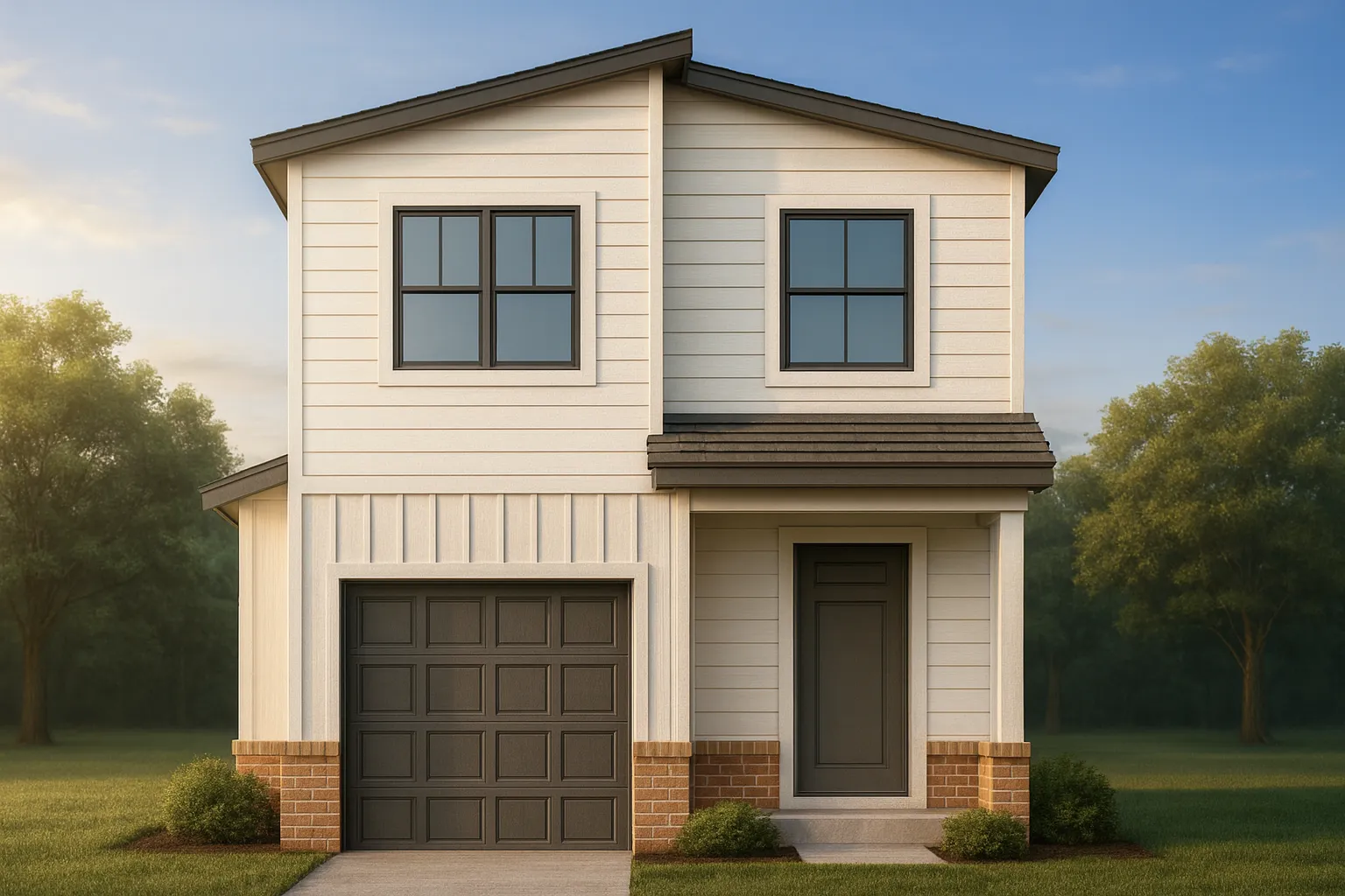 Front view of a Modern Farmhouse style two-story home featuring board and batten with horizontal siding, brick base accents, and a single-car garage