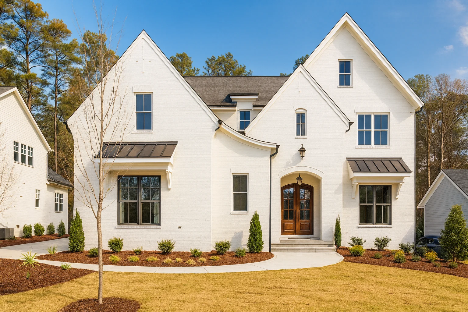 Modern Farmhouse home with white brick exterior, gable roof, and transitional architectural design