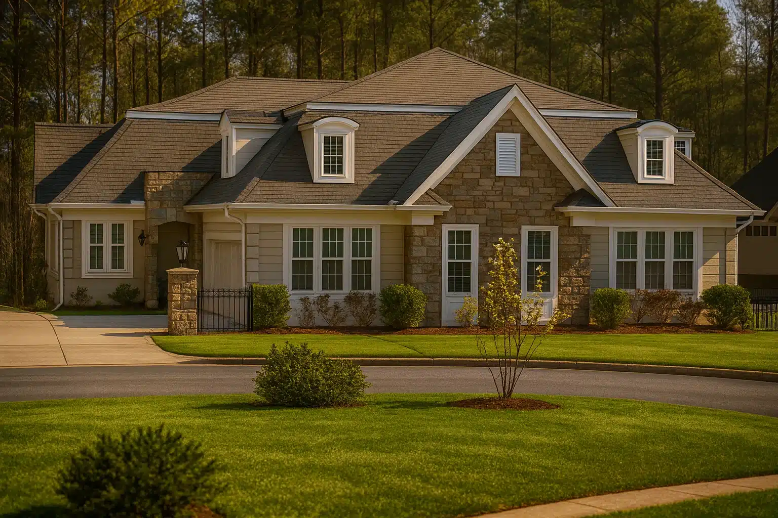 Front exterior view of a New American style home with brick and stone façade, Colonial Revival symmetry, dormer windows, and manicured landscaping