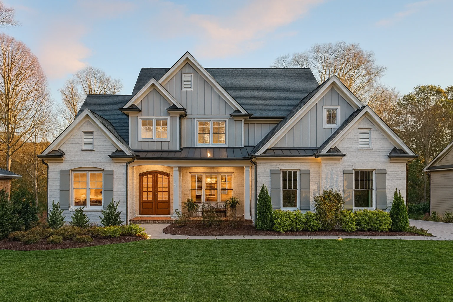 Front exterior of a New American Modern Traditional style home featuring painted brick, board and batten siding, steep gables, and symmetrical suburban curb appeal