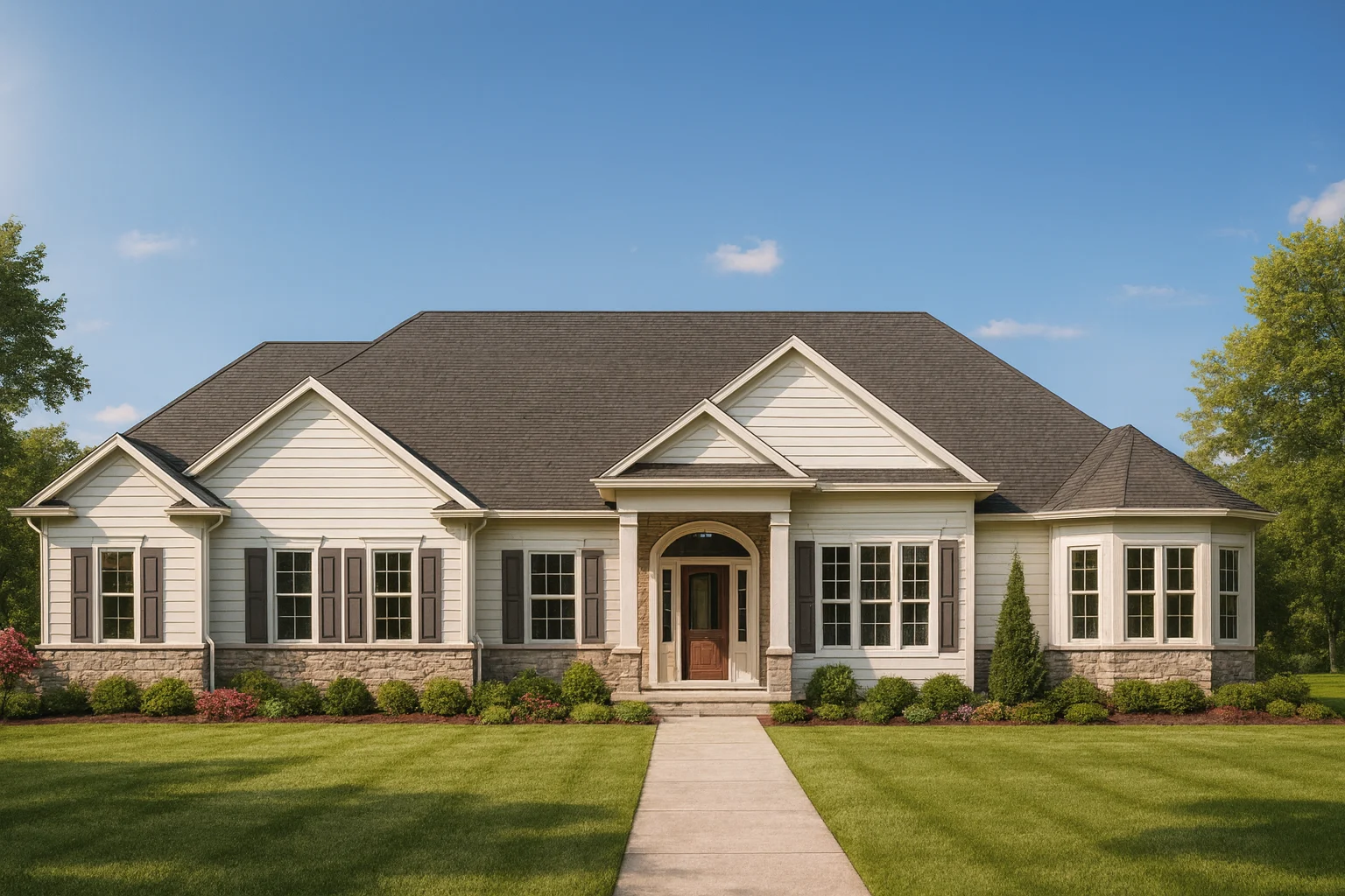 Front elevation of a New American Modern Traditional Ranch home with horizontal siding, symmetrical windows, and covered entry