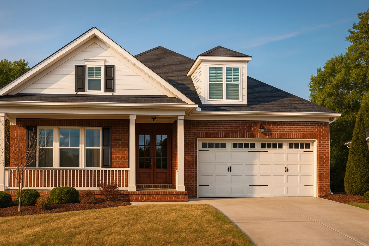 Traditional ranch house front elevation with brick exterior, white trim, porch, dormer, and two-car garage at 4pm daylight—enhanced realism and depth
