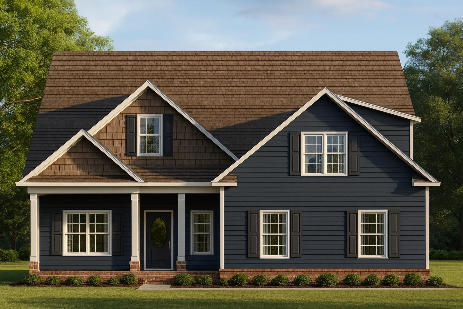 Front view of a Traditional Colonial style house with blue horizontal lap siding, shingle gables, white trim, and a brick foundation accent