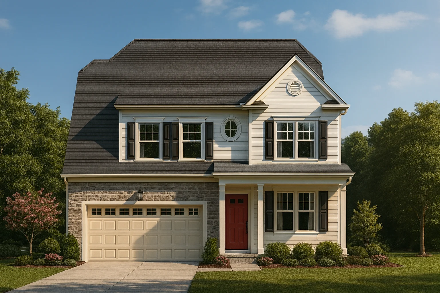 Front view of a Traditional Colonial style house featuring a stone-accented first floor, horizontal lap siding, and a welcoming red front door with shutters