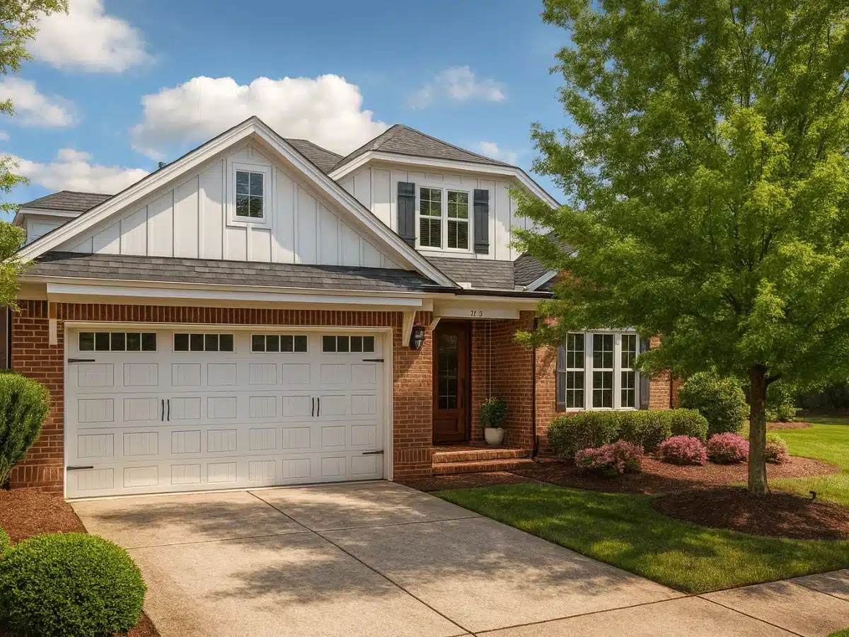 Traditional farmhouse craftsman 1.5-story brick home with front-entry garage and dormer windows