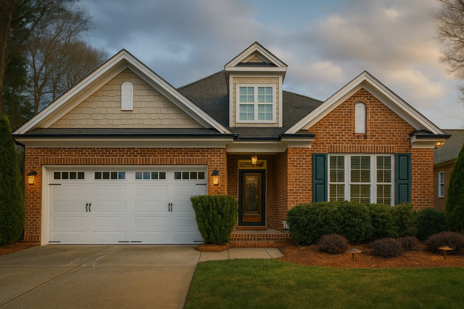 Traditional brick ranch-style home with Craftsman details, featuring a front gable roof, dormer window, and two-car garage with landscaped yard under warm afternoon light.