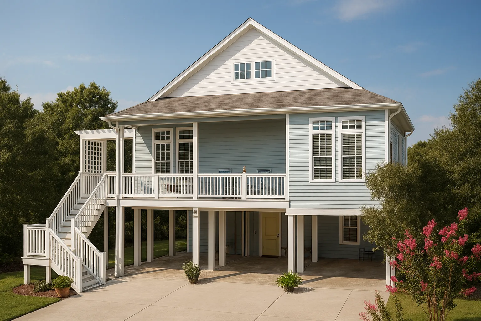 Front view of a raised coastal beach house with light blue horizontal siding, elevated porch, and covered parking below