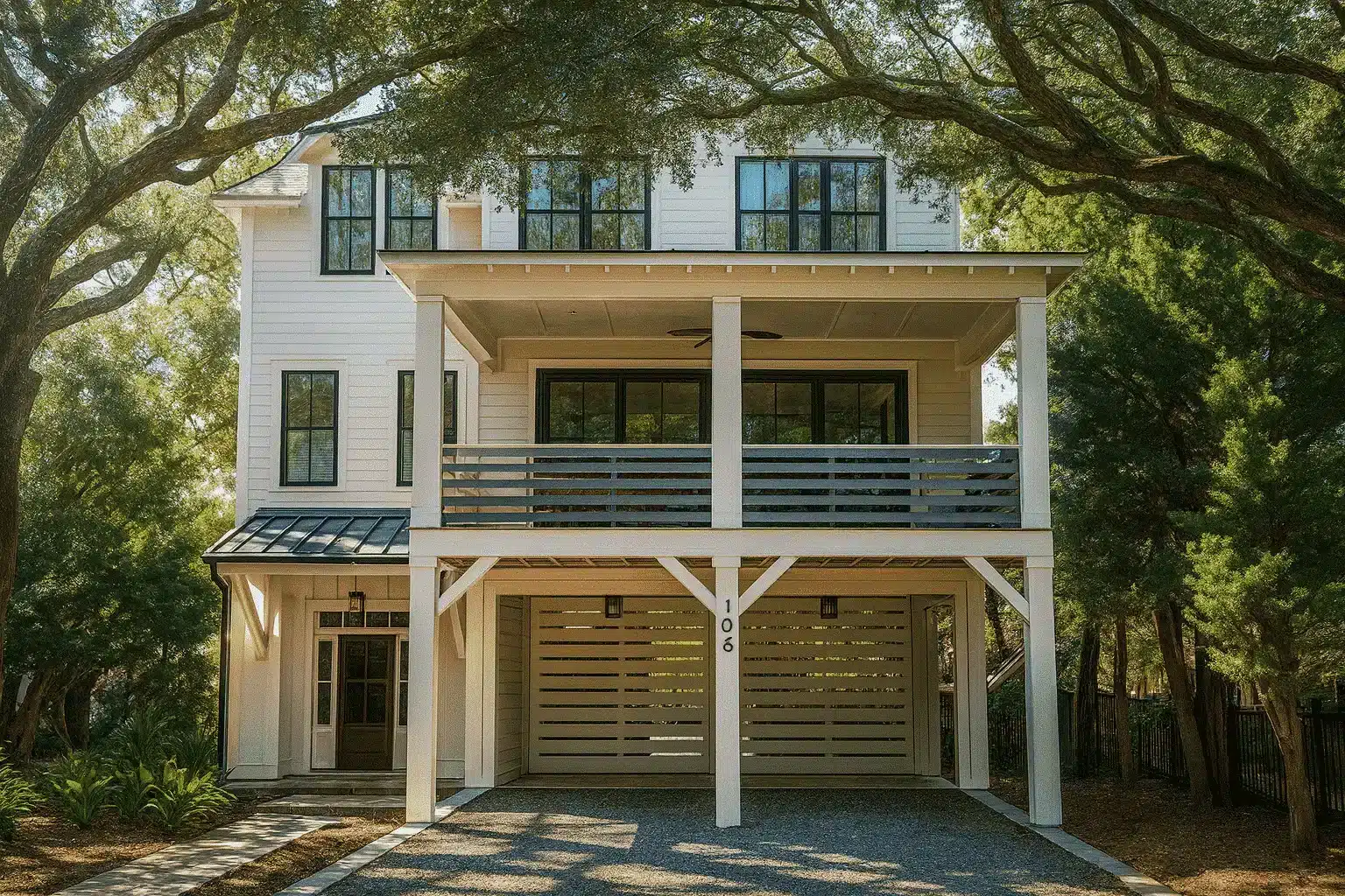 Front view of an elevated Coastal Modern Farmhouse featuring horizontal siding, large black-framed windows, and a double garage beneath covered balconies