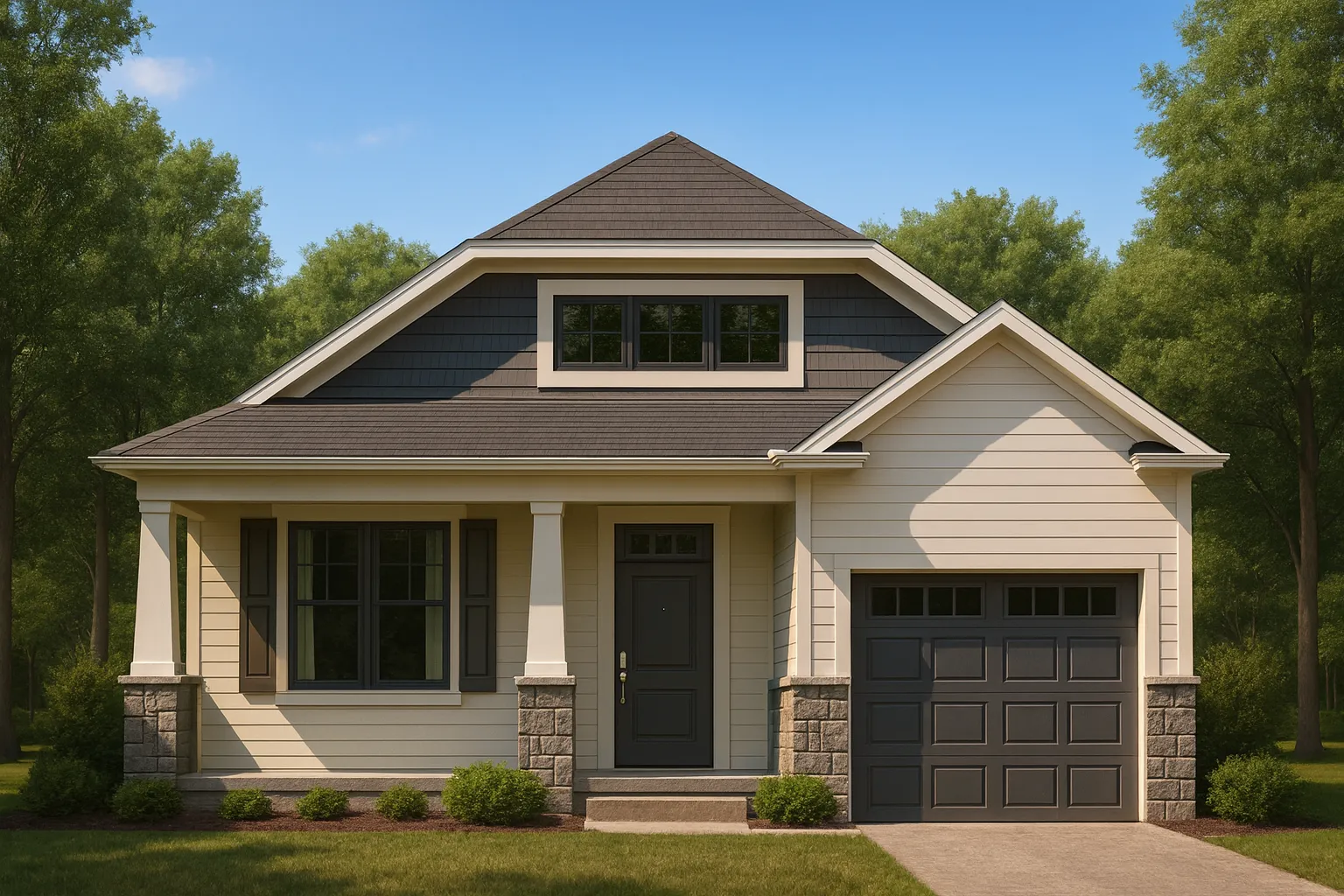 Front elevation of a Craftsman Cottage style home featuring horizontal siding, stone accents, front porch columns, and a compact suburban layout