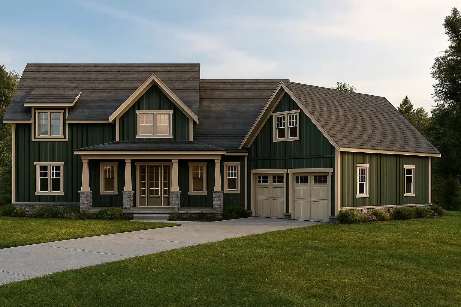 Front elevation of a Craftsman Farmhouse style home featuring board and batten siding, stone accents, gabled rooflines, and a welcoming covered front porch