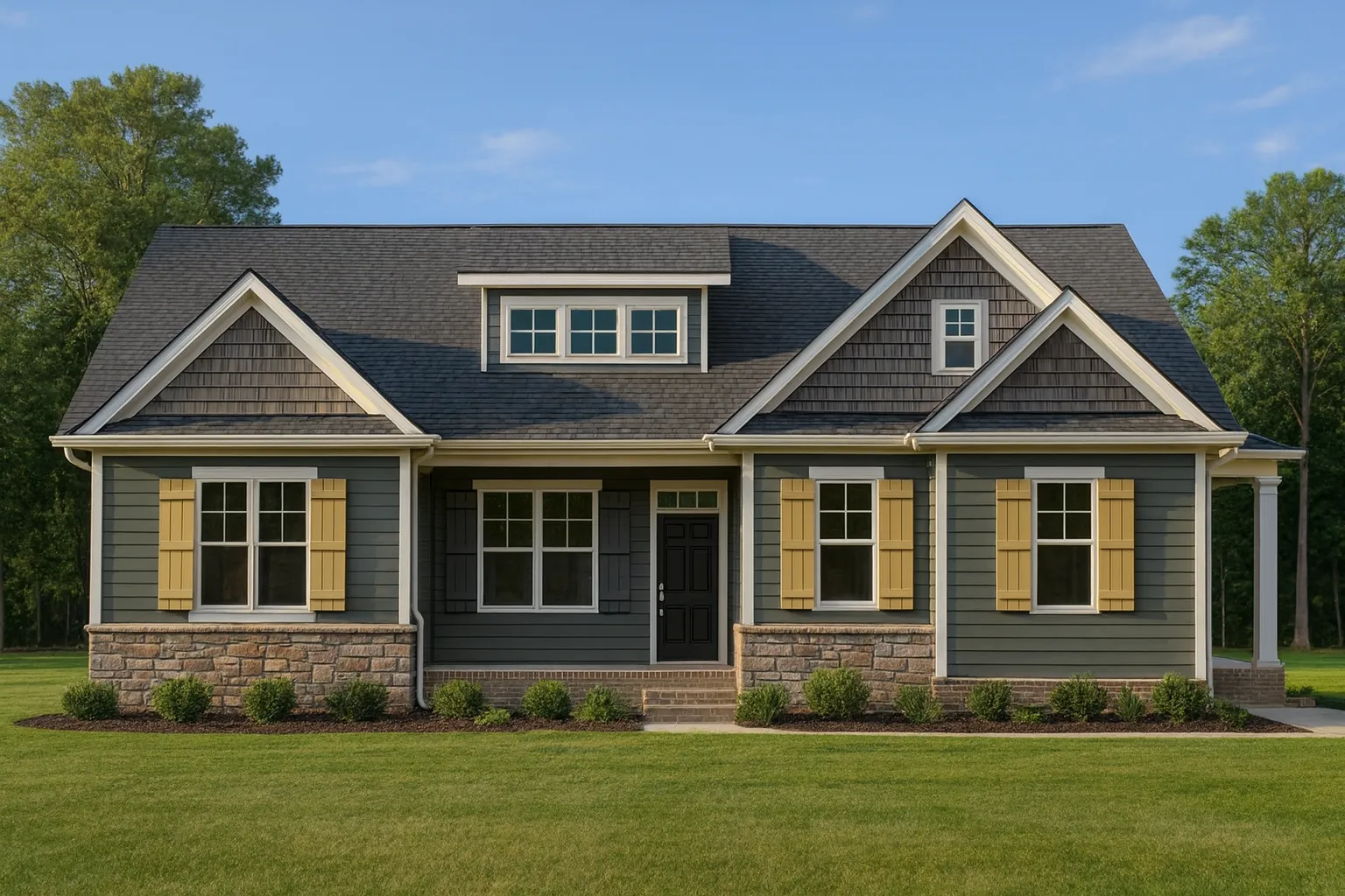 Front elevation of a Modern Farmhouse style home featuring white horizontal siding, board-and-batten accents, black trim, and a brick foundation
