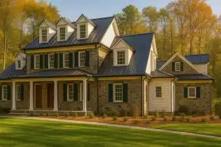 Front view of a Colonial-style home with stone and siding exterior, dark green shutters, and a standing seam metal roof, showcasing timeless traditional architecture