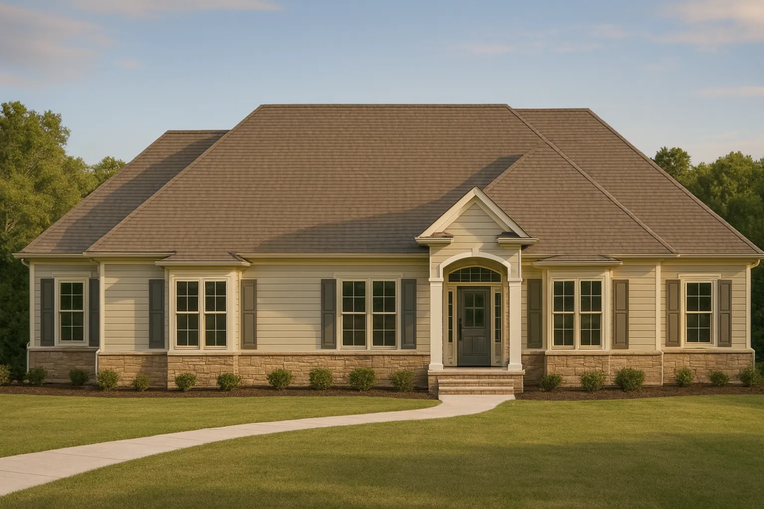 Front elevation of a Georgian Colonial style home featuring a full brick exterior, hipped roof, and symmetrical façade with classic architectural detailing.