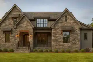 Front view of a European Craftsman style home featuring stone and board-and-batten exterior, wood trim accents, dark-framed windows, and warm evening lighting